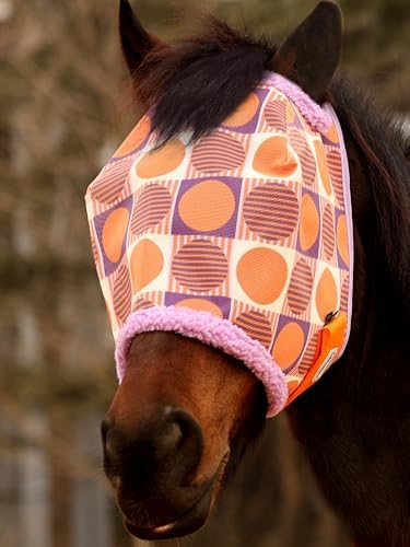 Tackmore Horse Fly Mask Without Ears, Breathable Structured Mesh for Horses, Soft Fleece Edging, UV Protection, Printed Turnout Mask for Pasture-Orange Circles L