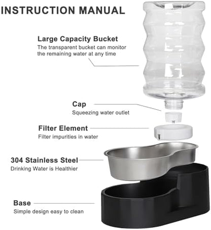 RIZZARI 7L Dog Water Bowl Dispenser:Black Stainless Steel Gravity Bowl