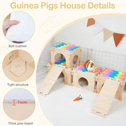 Unicorn Catcher 4 Pack Wooden Guinea Pig Hideout House with Stairs & Mats
