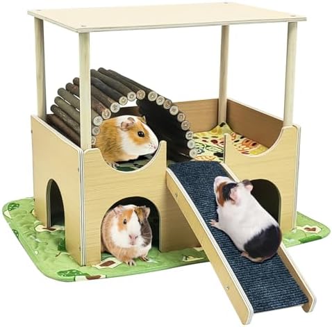 Fhiny Wooden Guinea Pig Hideaway, 2-Tier Guinea Pig Castle