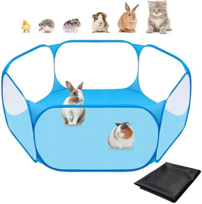 Amakunft 2 in 1 Small Animal Playpen with Waterproof Pad, Pop-Up Portable Play Yard for Guinea Pigs, Rabbits, Hamsters, Hedgehogs, Foldable Exercise Fence with Breathable Mesh for Indoor Outdoor Use