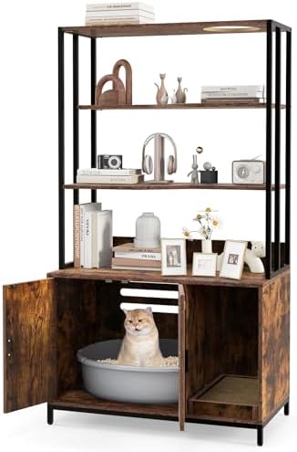 PETSITE Cat Litter Box Furniture with 3 Shelves and Doors, 61 inch Tall Cat Box Enclosure with Display Shelves, Scratching Pad, Indoor Hidden Litter Box with Decorative Storage Shelving (Rustic Brown)