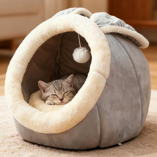 Cat Beds for Indoor Cats-Rabbit-Shaped Cat Cave Bed with Hanging Toy,Grey L
