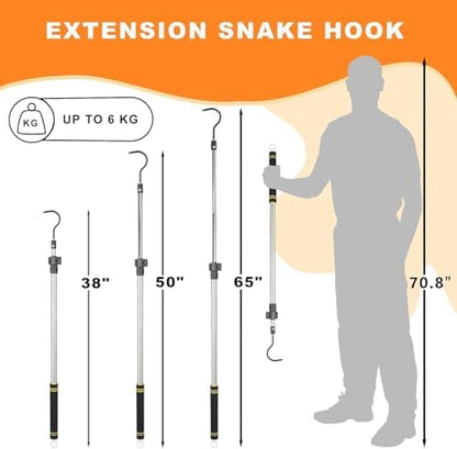 Snake Hooks, Stainless Steel Snake Hook Extendable Handled Desigh for Removling Large or Small Snakes and Reptiles Rattlesnakes Python Copperhead Stainless Steel Handle 35"-65"