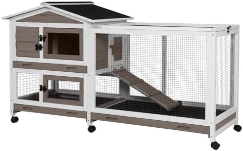 Aivituvin Rabbit Hutch 62" Rabbit Cage Indoor Outdoor Chicken Coop Guinea Pig Cage on Wheels Bunny Cage with 3 Deep No Leakage Pull Out Tray,Waterproof Roof (Brown)