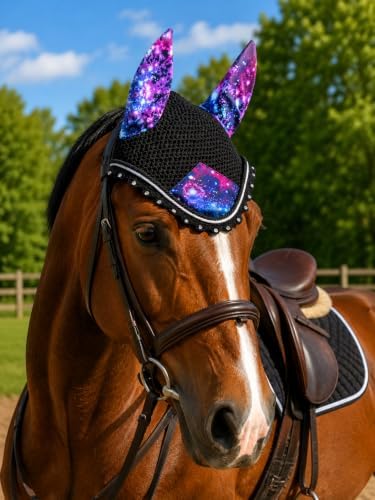 Horse Ear Bonnet for Horses, Floral Print Fly Bonnet with Crystal Edge, Handmade Crochet Fly Veil, Breathable Stretch Ears (Galaxy Print, Pony)