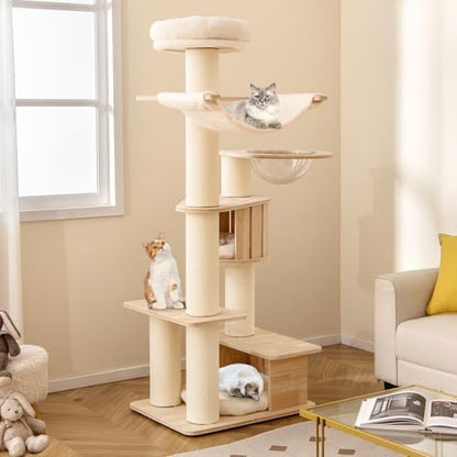 PETSITE 69 Inch Tall Wood Cat Tree, Multi-Level Modern Cat Tower with 5.7 inch Scratching Posts, Double Cat Condos, Space Capsule, Hammock, Large Wooden Cat Tree Tower for Indoor Cats, Natural