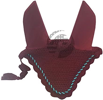 Horse Ear Bonnet Fly Veil Crochet Equestrian with Piping 30 Color Full/COB/Pony (Large/Full, Burgundy/Maroon)