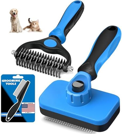 Professional 3PCS Self Cleaning Slicker Brush & Pet Grooming Rake & Flea Comb for Dogs,Cats and Horses | Double-Sided Dematting Comb & Skin Friendly Deshedding Grooming Tool | Pet Supplies (Blue)
