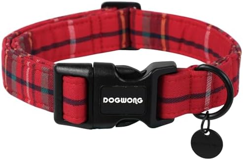 DOGWONG Christmas Cotton Dog Collar, Heavy-Duty Red Plaid Dog Collar Durable Soft Fabric Pet Dog Collars Cute Christmas Red Grid Puppy Necklace for Medium Large Dogs,M