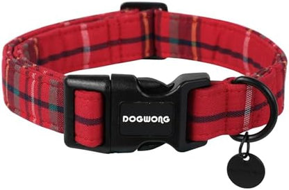 DOGWONG Christmas Cotton Dog Collar, Heavy-Duty Red Plaid Dog Collar Durable Soft Fabric Pet Dog Collars Cute Christmas Red Grid Puppy Necklace for Medium Large Dogs,M