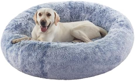 45 in Faux Fur Fluffy Donut Dog Bed for Extra Large Dogs,Dark Blue