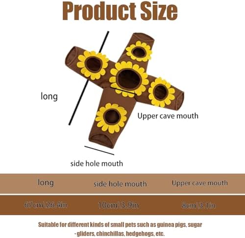 Guinea Pig Hideout and Toys, 4-Way Collapsible Small Pet Tunnels and Tubes with Sunflower Peepholes for Bunny Rabbit Ferret Hamster Chinchilla Hedgehog Hiding and Resting, 26.4in Long，Brown