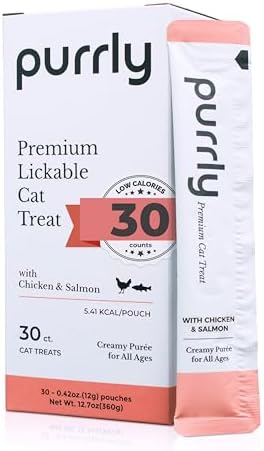 Purrly Hydrating Wet Cat Treat Snack Topper Creamy Purée Human-Grade Chicken Breast & Salmon with Omega-3 & 6 for Skin & Coat (30 Count) Healthy Lickable Squeeze Soft Training Snack Low-Phosphorus