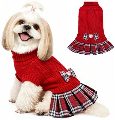 YUDODO Small Dog Sweater Dress with Bowtie Turtleneck - Knitted Pet Clothes