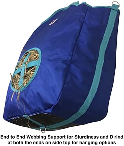 Majestic Ally Nylon Hay Feeder Tote Bag for Horse, Goat, Sheep - Double Sides Open Feed Hole with Faux Leather Ventilated Bottom- Premium Quality -Simulates Grazing - Reduces Waste (Royal Blue)