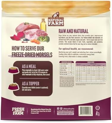 Natural Farm Freeze-Dried Red Meat Morsels for Dogs – 96% Raw Beef, Organs & Pork, Complete Meal or Food Topper, Grain-Free, Gluten-Free, Probiotics for Digestion, All Life Stages – 8oz Bag