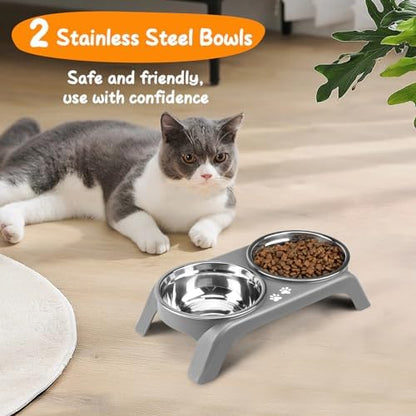 Elevated Dog Bowls for Small Dogs, 3” High Raised Dog Bowl Stand with Dual 5” Stainless Steel Bowls Non-Slip Pet Feeder for Puppy and Cats, Dishwasher Safe, Grey