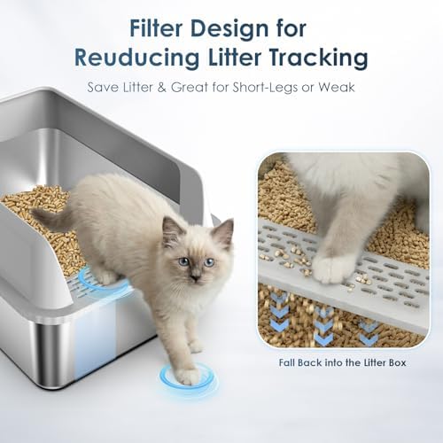 2PK Stainless Steel Litter Box with Lid, High Sided Sifting Litter Boxes for Pine Pellets, 17.3"x13.4"x10.5" Enclosed Metal Litter Box for Small Cats & Multi‑Cat Homes, Anti-Leakage, Easy Cleaning