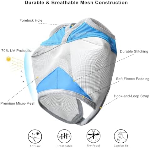 Horse Fly Mask Without Ears, UV Block Breathable Mesh (Blue, S)