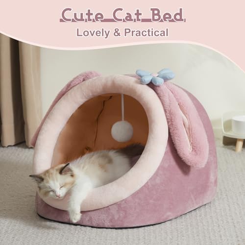 Jiupety Cute Cat Bed for Indoor, Cats Warm Soft Cave Fit for 6-10 lb Cat, Pink Rabbit, M