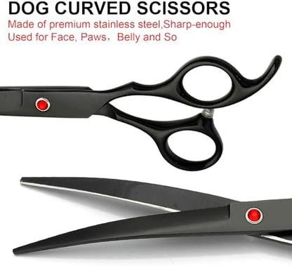 Dog Grooming Scissors Kit, Premium Stainless Steel Dog Shears with Curved Shears, Sharp Durable for Dogs Cats+Black 4 Piece
