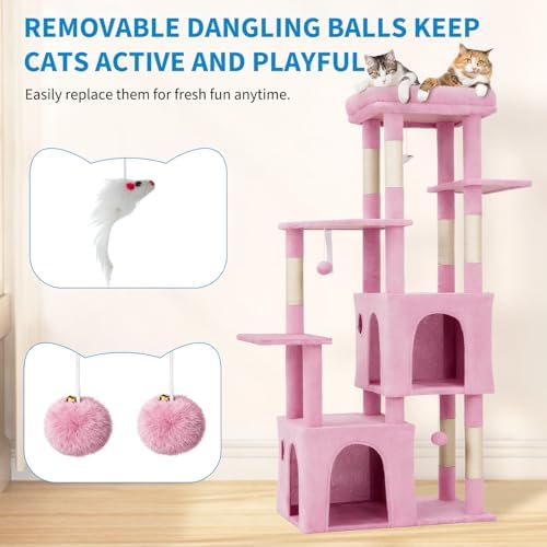 Garvee 61" Multi-Level Cat Tree for Indoor Cats, Heavy-Duty Tower for Large Adult & Maine Coon Cats with Extra-Large Perch, 2 Spacious Condos, Natural Sisal Scratch Posts & Play Toys – Pink