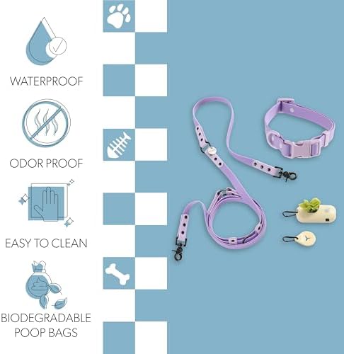 WLK1005H-5SET Luna Medium 8FT Adjustable 6-in-1 Waterproof Hands-Free Leash and Collar with LED Flashlight, Bag Dispenser, and Poop Bag Holder, Bramble