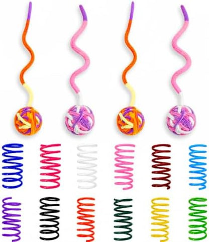Cat Toys for Indoor Cats, 4 Yarn Balls with Tails & 12 Colorful Springs