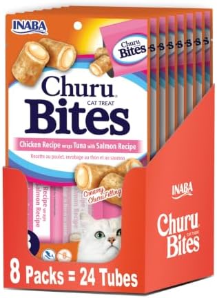 INABA Churu Bites for Cats, Soft/Chewy Baked Chicken Wrapped Churu Filled Cat Treats with Vitamin E, 0.35 Ounces per Tube, 24 Tubes Total (3 Tubes per Pack), Tuna with Salmon Recipe