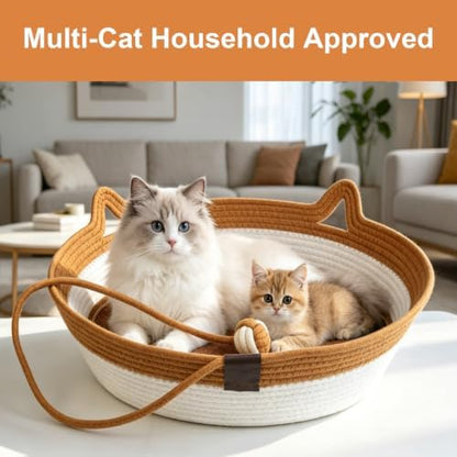 2-in-1 Cat Bed with Scratch Pad, Cotton Rope Woven, Round, Removable Breathable Cooling Pad, Odorless Anti-Statio