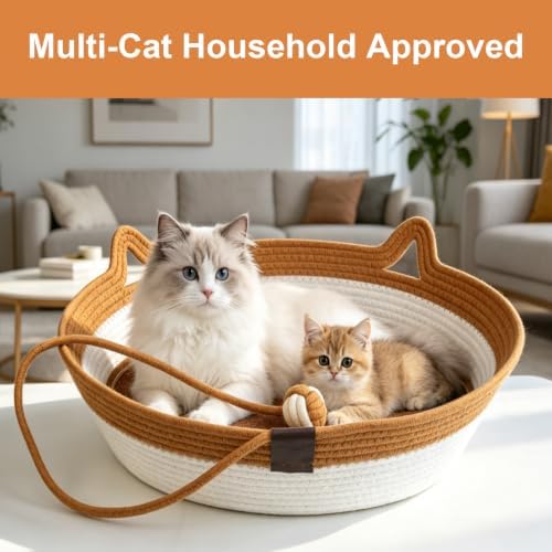 2-in-1 Cat Bed with Scratch Pad, Cotton Rope Woven, Round, Removable Breathable Cooling Pad, Odorless Anti-Static