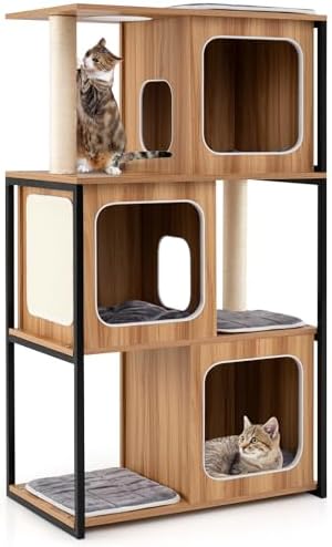 PETSITE 52-inch Wood Cat Tree for Indoor Cats, Multi-Level Solid Metal Framed Wooden Cat Tower with Sisal Scratching Posts and Pad, 3 Condos, and Top Platform with Cat Hole