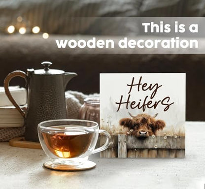 Highland Cow Sign - Farmhouse Western Animal Office Kitchen Bedroom Decor,Rustic Farm Hey Heifers Home Decor Signs,highland Cow Gifts For Women,6x6 Inch