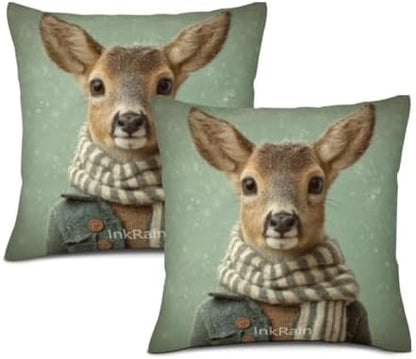 InkRain Winter Animal Cute Deer Pillow Cover 26x26 Inch Set of 2 Home Decor Decorative Cotton Linen Illustration Pillowcases for Living Room House Sofa