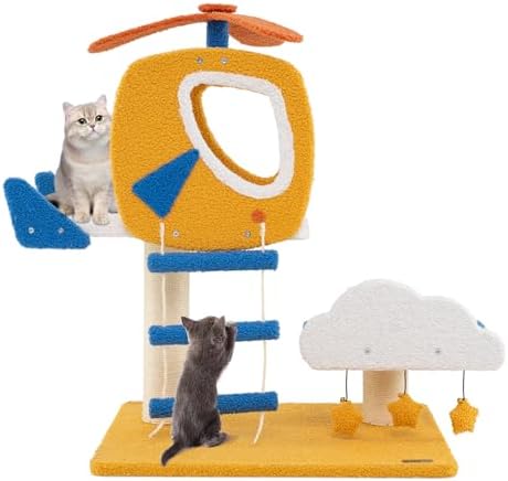 PETSITE 30-inch Aviation-Themed Cat Tree for Indoor Cats, Small Cute Cat Tree with Sisal Scratching Posts, Helicopter Top Perch, Climbing Ladder, and 3 Star-Shaped Hanging Toys