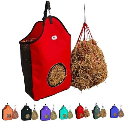 Majestic Ally 1200 D Hay Feeder Tote Bag for Horses, Sheep with Reflective Trim- Reduces Waste - Comes with 36” Hay Net. (Red)
