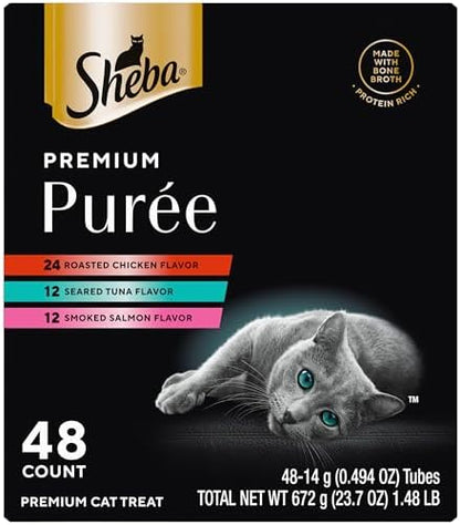 Sheba Premium Puree Lickable Cat Treats, Chicken, Salmon & Tuna, 48 Count