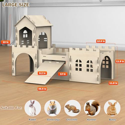 Large Bunny House and Hideouts, Wooden Dual-Layer Rabbit Castle with 4 Houses Indoor, Sturdy Habitat for Guinea Pig Chinchilla Ferret (Extra Large-4 House)