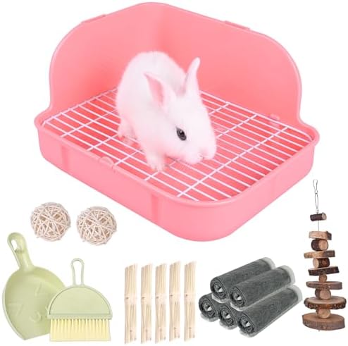 RUBYHOME Rabbit Litter Box Toilet, Plastic Square Cage Box Potty Trainer Corner Litter Bedding Box Pet Pan for Small Animals, Rabbits, Guinea Pigs, Chinchilla, Ferret, Galesaur, 11.4 Inches (Pink)