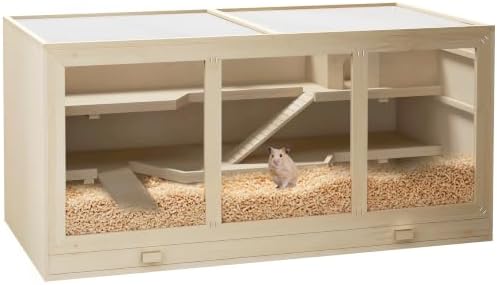 PawHut 45" Extra Large Wooden Hamster Cage, 3-Layer Rat Cage with Opening Roof, PVC Window, Small Animal Habitat for Gerbil, Dwarf & Syrian Hamsters, Natural