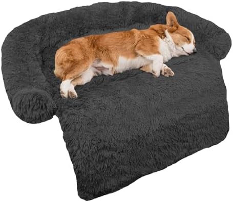 Calming Dog Bed Fluffy Plush Dog Mat for Furniture Protector with Removable Washable Cover for Large Medium Small Dogs and Cats (Medium(41x37x6), Dark Grey)