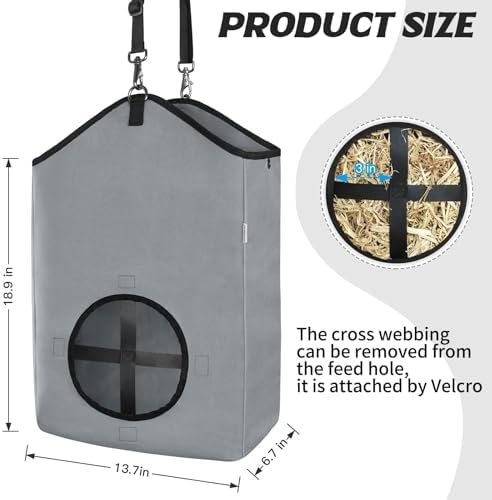 Hay Bags,Slow Feed Hay Bags for Horses,Goats,Donkeys with Reinforced Oxford Fabric and High Strength Metal Clasp,Horse Feeding Supplies with Strap for Easy Hanging (1 Grey)