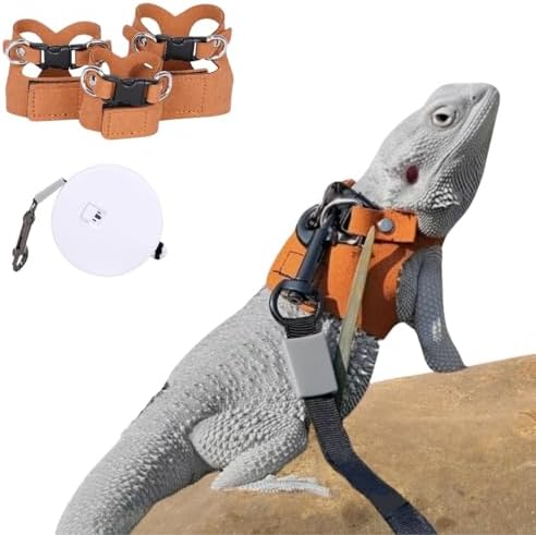 3 Pack Bearded Dragon Harness and Leash Set - Adjustable Soft Leather Lizard Harness with Retractable Leash Small Animal Traction Rope Walking Vest Accessories for Reptile Squirrel Rat (3 Pack)