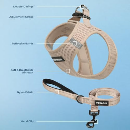 Best Pet Supplies Voyager Step-in Air All Weather Mesh Harness and Reflective Dog 5ft Leash Combo with Neoprene Handle, for Small, Medium and Large Breed Puppies - Khaki, S