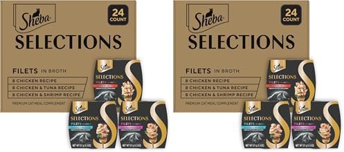 Sheba Selections Filets in Broth,Adult Cat Food Wet Recipe,Meal Complement,Wet Cat Food Variety Pack,Chicken,Chicken & Tuna,or-Chicken & Shrimp Recipe,1.3 oz. Cups,24 Count (Pack of 2)