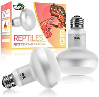 LUCKY HERP Intense Heat Lamp Bulbs for Reptiles 75W 2 Pack, UVA Daylight Reptile Heat Lamp, Reptile Basking Heat Light Bulb for Amphibian, Tortoise, Bearded Dragon, Lizard, Turtle, Snake Heating Use