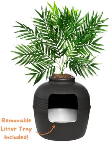 Good Pet Stuff Original Hidden Litter Box Planter, Decorative Cat Litter Enclosure, Carbon Filter, Faux Plant, Easy to Clean, Round Design, Removable Tray, Essentials Kit, Palm Plant, Charcoal Black