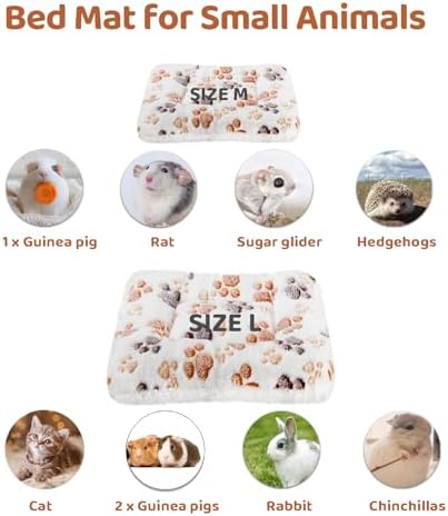 Amakunft 2 Pcs Guinea Pig Bed Mat Washable, Rabbit Winter Bed Pad for Indoor, Warm Small Animal Bed Mattres, Fleece Sleeping Pad for Bunny, Rat, Hedgehog, Sugar Glider, Chinchilla (Paw, Large)