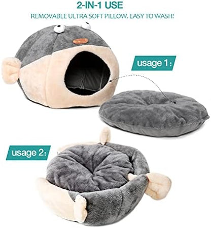Cat Beds for Indoor Cats-Cat Bed Cave,Cute Lively Pufferfish Shape,Grey M